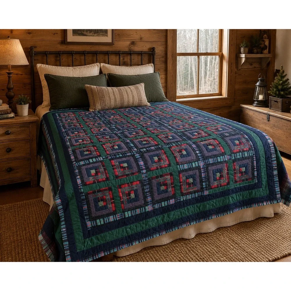 Vintage Handmade Log Cabin Patchwork Quilt Plaid Folk Art 63x80 Cabin Cottage